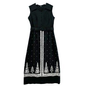 Vintage Maxi Dress Size 16-1/2 60s 70s Sleeveless Black White Stones Trees Avon